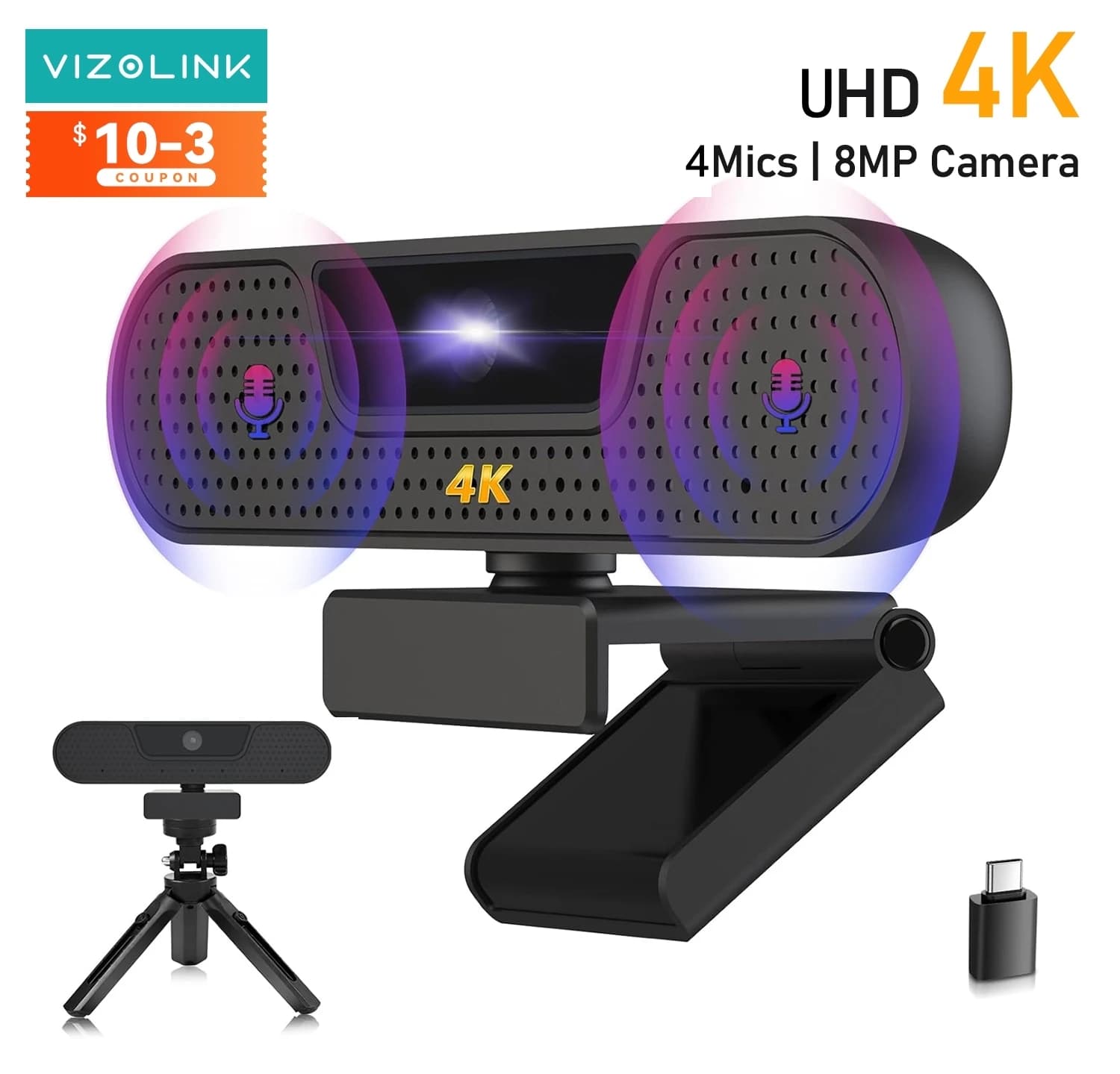 Webcam VIZOLINK 4K UHD 8MP with 4 microphones with Noise, Autofocus, USB for PC, Zoom, Teams, Google Meet, Streaming