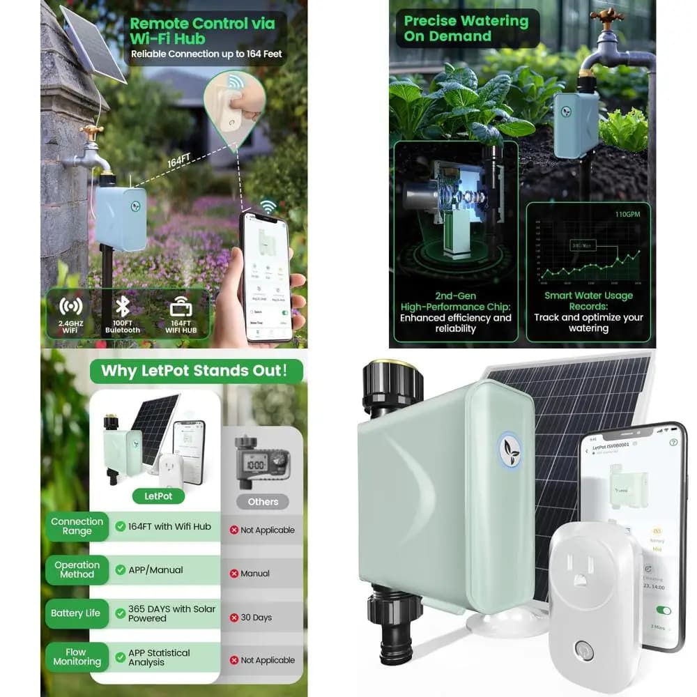 Solar Energy programmable WiFi irrigator for garden hoses with portable solar panels and 6000 mAh battery