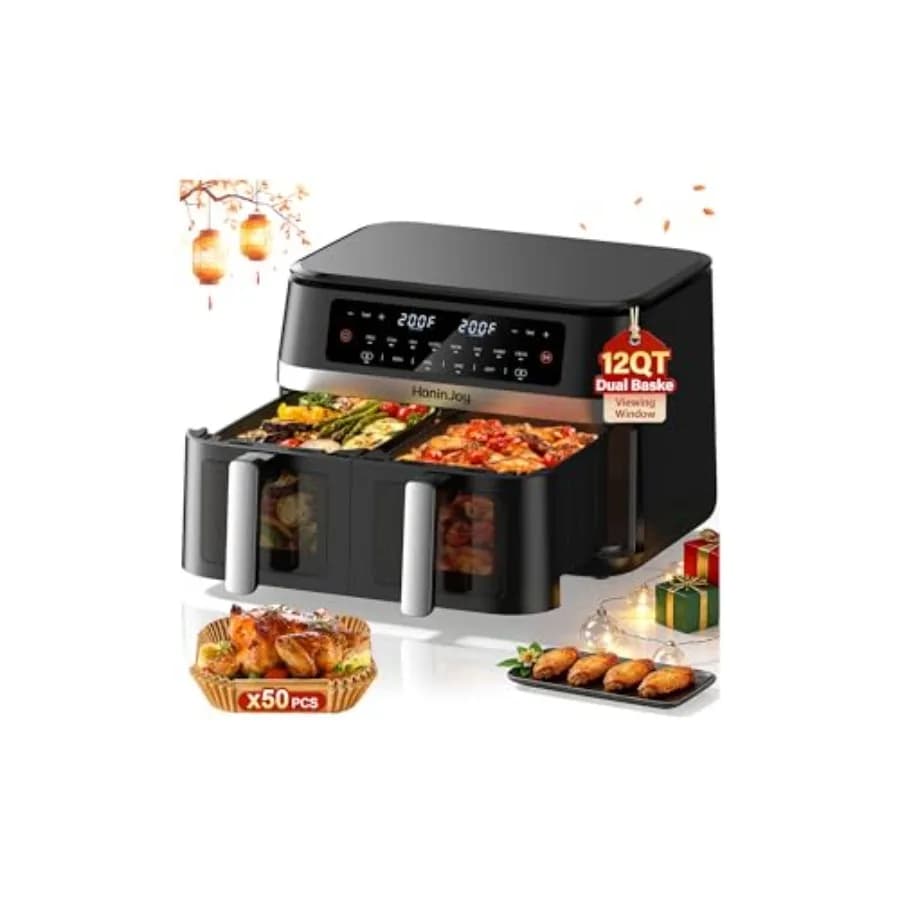 Friggitrice ad Aria Grande da 12QT con Doppio Cestello, 50 Fogli di Carta Antiaderente e Finestra di Visualizzazione, Friggitrice ad Aria Digitale a Doppia Zona 12-in-1 con Touchscreen