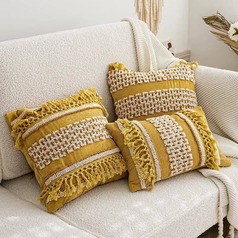 Bohemian style Tufted embroidered pillowcase cushion cover tassel fringes yellow pillow cover for backrest