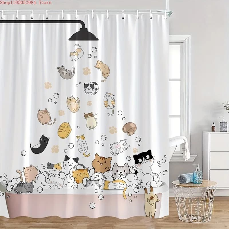 Cute Cartoon Kitten Shower Curtain Funny Cats Falling From Shower Head Into Pink Bubble Bathtub Paw Print Bubble Hand Drawn Pet