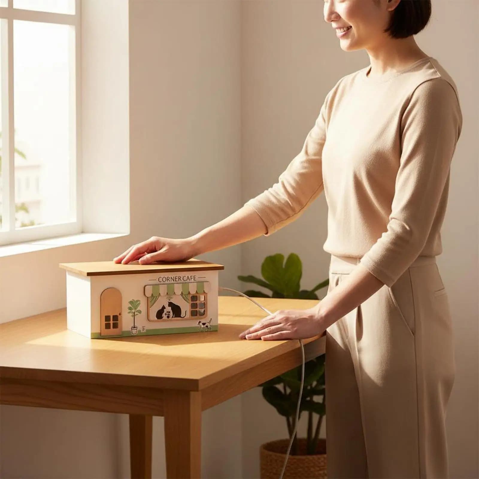 Wooden Cord Management Box Tidy & Organized Decorative Power board Hider Hollow-out Design House Shaped Cable Box for Desktop,