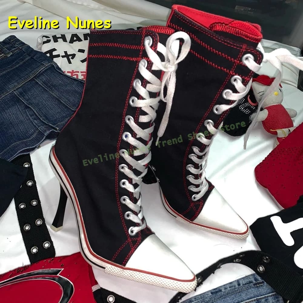 Women's sneakers in canvas with laces stitched shoes toe heels thin colors mixed boots fashion casual 2025 shoes autumn new style