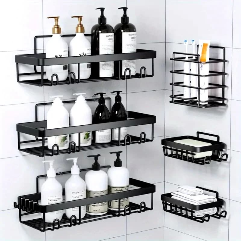 6 Pack Shower Caddy Shelf Organizer Rack, Self Adhesive Black Bathroom Shelves Basket, Bathroom Accessory Decor Set, No Drilling