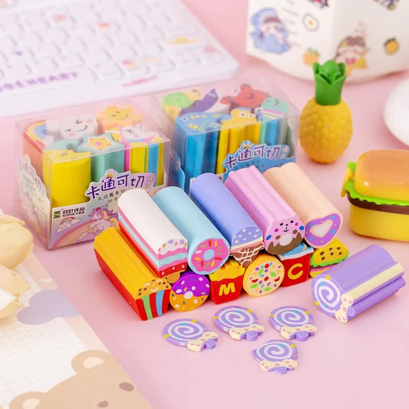 6Pcs/Set Kawaii Animal Food Unicorn Cutting Eraser Rubber Cute Student Stationery Pencil Erasers for Kids School Office Supplies
