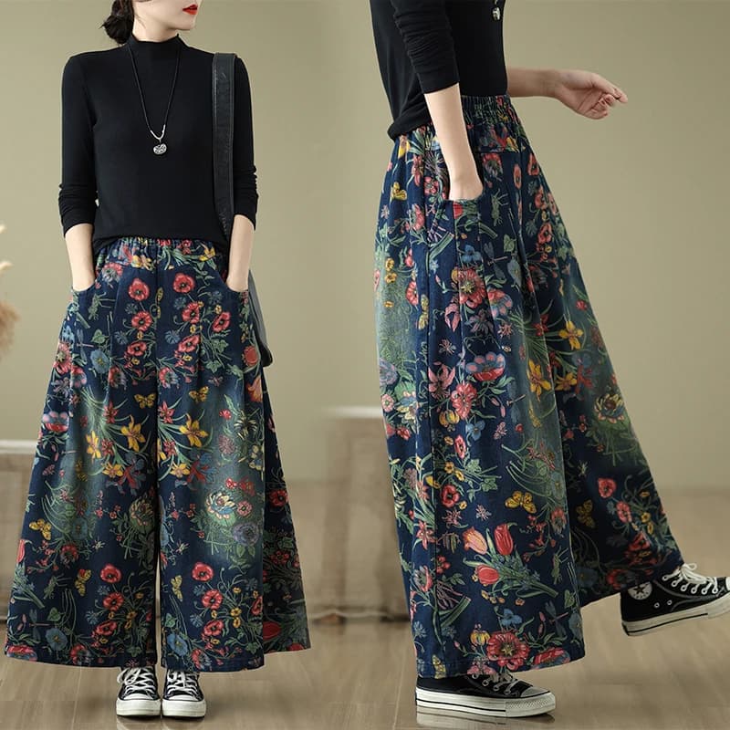 Ethnic Style High Waist Straight Leg Wide Leg Jeans Printed Washed Women's plus Size Casual Long Trousers Spring Autumn
