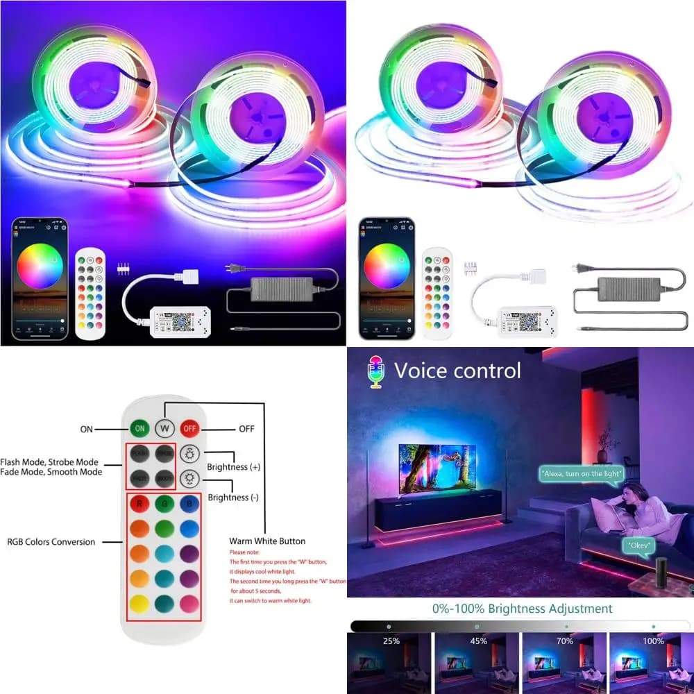 Strisce LED RGB COB 24V - 10m (2 Rotoli da 5m), Larghezza 10mm, 5760 LED, Cambio Colore con Telecomando, Flessibili