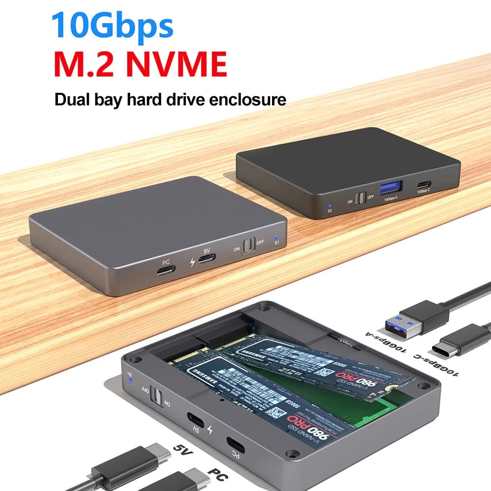 Custodia Dual Bay NVMe SATA SSD Custodia per disco rigido M.2 Dual NVMe 10Gbps USB C 3.2 GEN2 Adattatore per scatola per disco rigido esterno