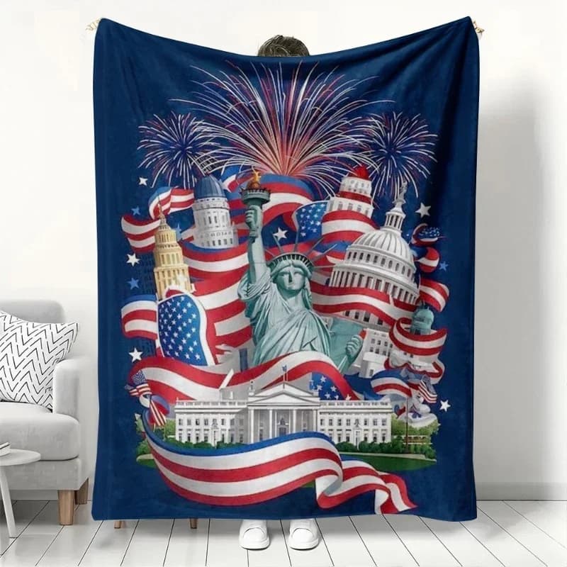 US flag and the Statue of Liberty Flannel printed blanket suitable for all seasons suitable living room office sofa and travel