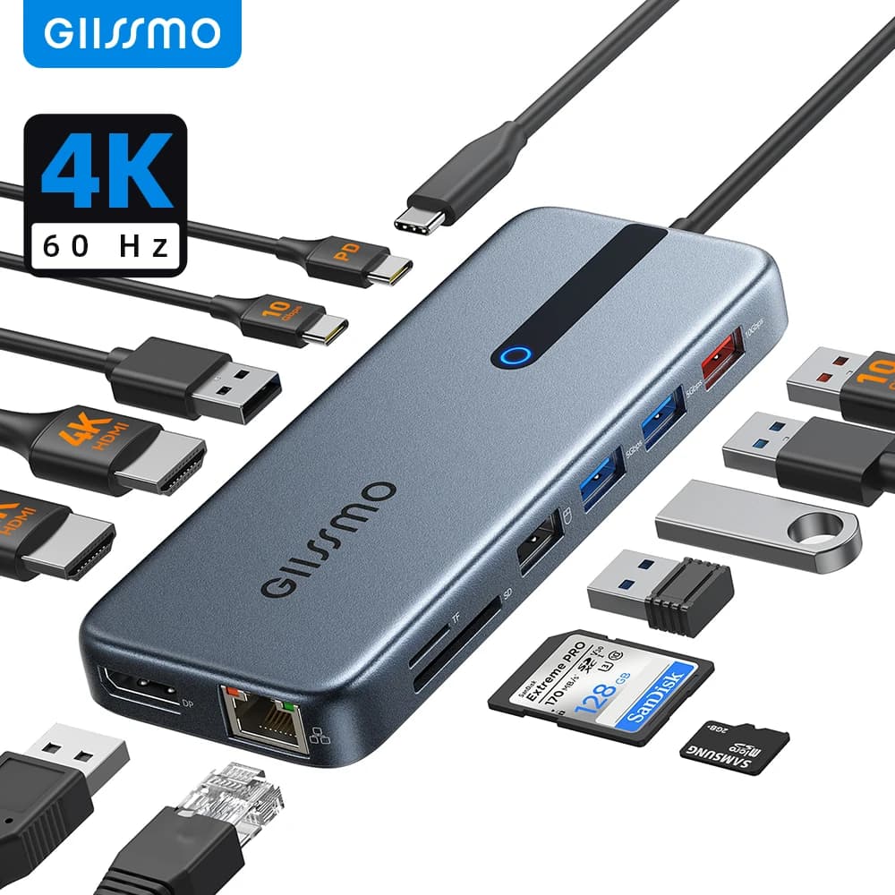 Giissmo USB C Hub 10Gbps USB 3.0 Docking Station adattatore multiporta Ethernet 4K 60Hz HDMI-compatibile per MacBook Dell HP Laptop