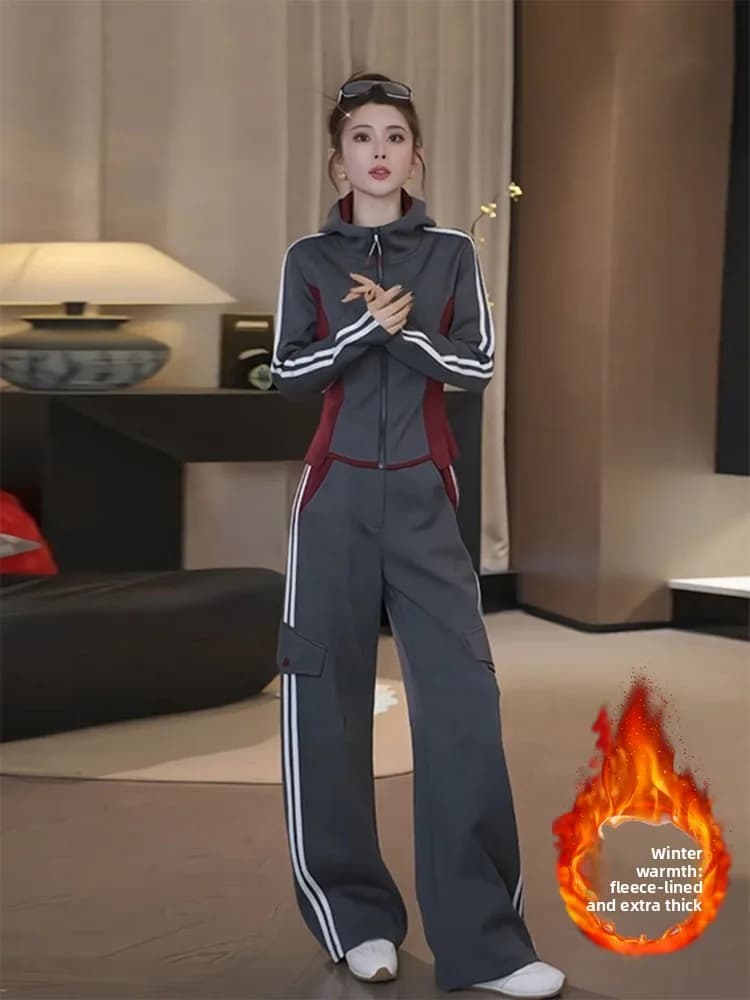 ey Casual Sportswear Set Women's Korean Sle Patchwork Jaet Knife Pants Autumn Outfit Clete Set Long Sve Hoodie Zi...