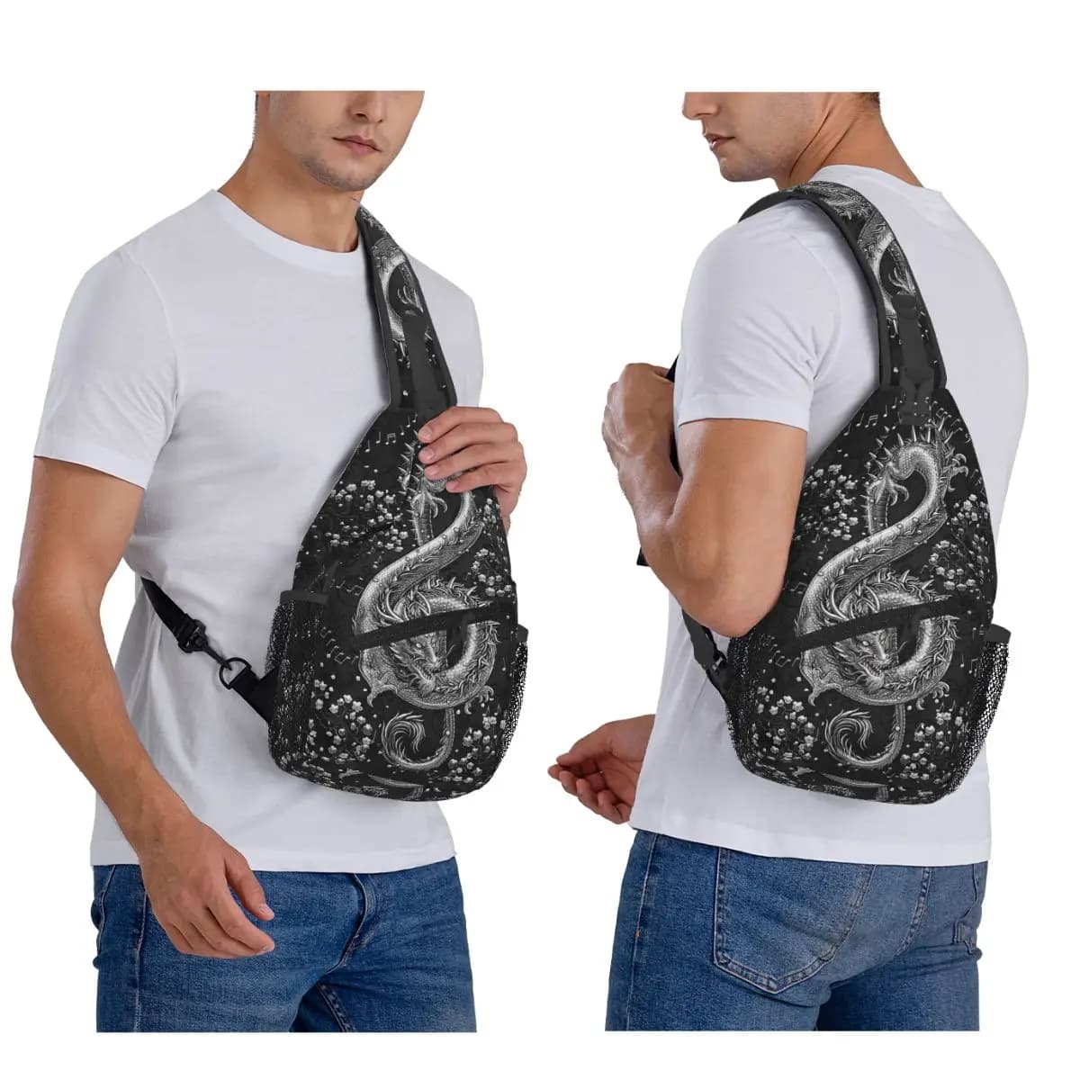 Music Dragon Gothic Pattern Chest Bag Men Sling Crossbody Backpack Chest Bag Traveling Hiking Daypack Shoulder Bag
