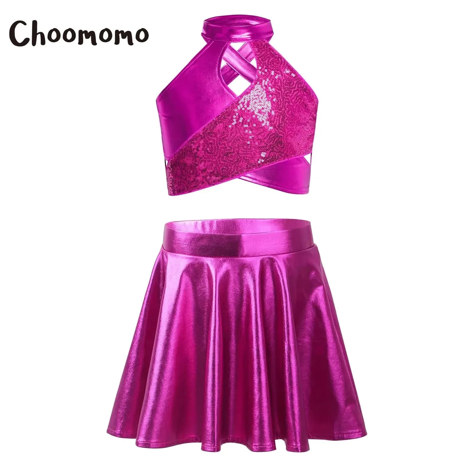 Vestito da ballo jazz con paillettes per ragazze Top corto metallizzato lucido con gonna a trapezio Set Costumi per spettacoli di cheerleader di basket scolastico