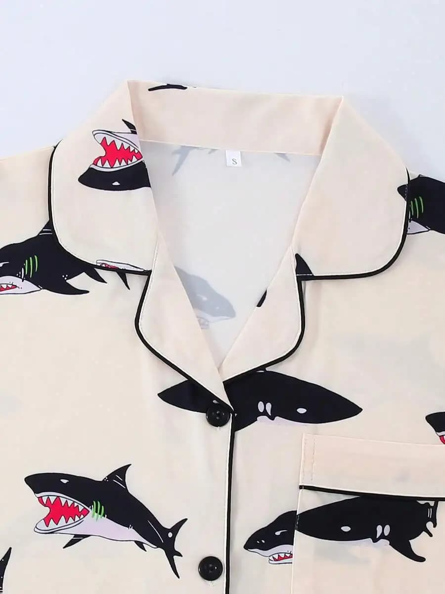 Women Short Sleeve Pajama Set With Shark Print Turn-Down Collar Button Front Loose Fit