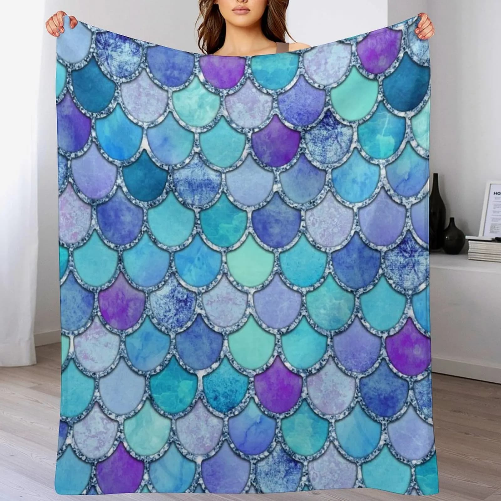 Coperta colorata con squame di sirena blu, coperta pieghevole, morbida e calda, per uso esterno