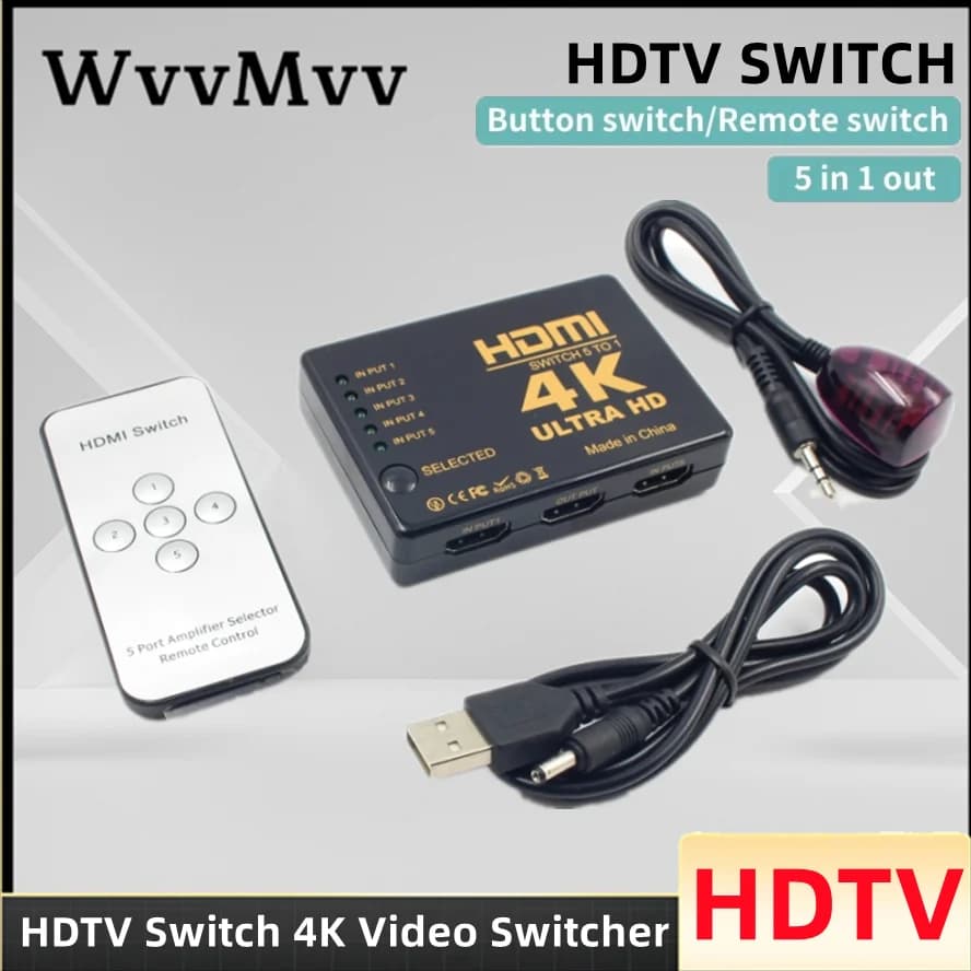 HD 4K HDMI Switcher 5 in 1 Out HDMI-compatible Splitter Selector Video Box Adapter With IR Remote for Laptop PC HDTV DVD PS4
