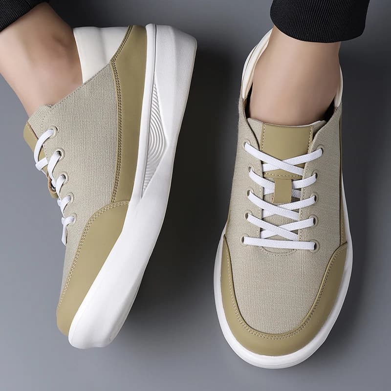 Men Khaki Two Way Wear Slip on Canvas Board Shoes Patchwork Leather Thick Platform Sole Half Back Lazy Casual Sneakers