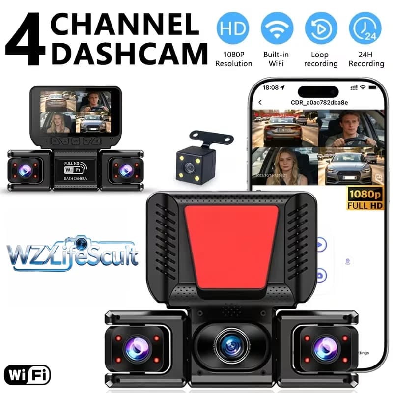 Four-channel panoramic dashcam with built-in Wi-Fi, infrared night vision, gravity-sensing recording lock, motion detection, parking monitoring and loop recording