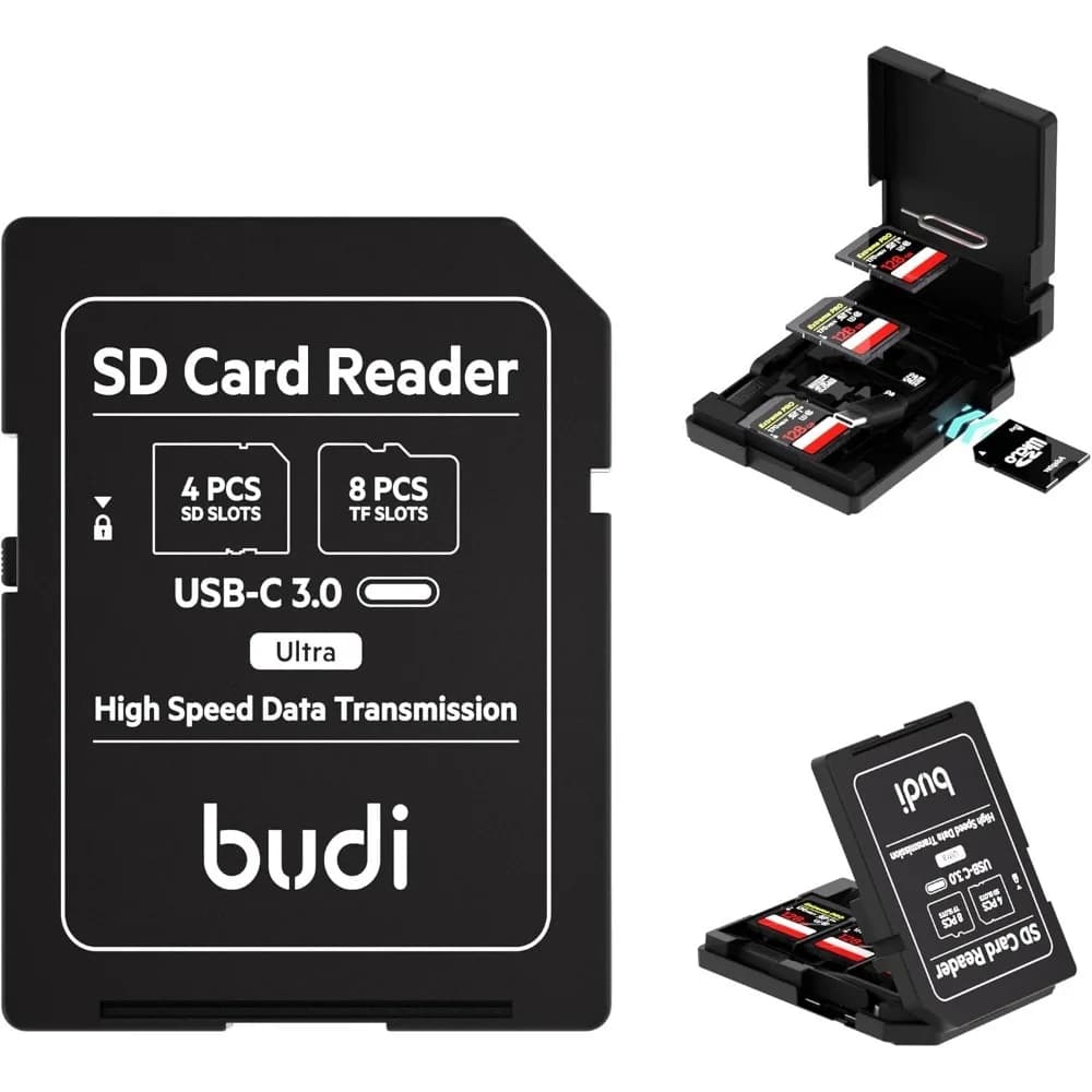 Custodia per schede di memoria BUDI SD TF con lettore e 12 slot per schede, USB Type-C, trasmissione dati ad alta velocità per fotografia digitale