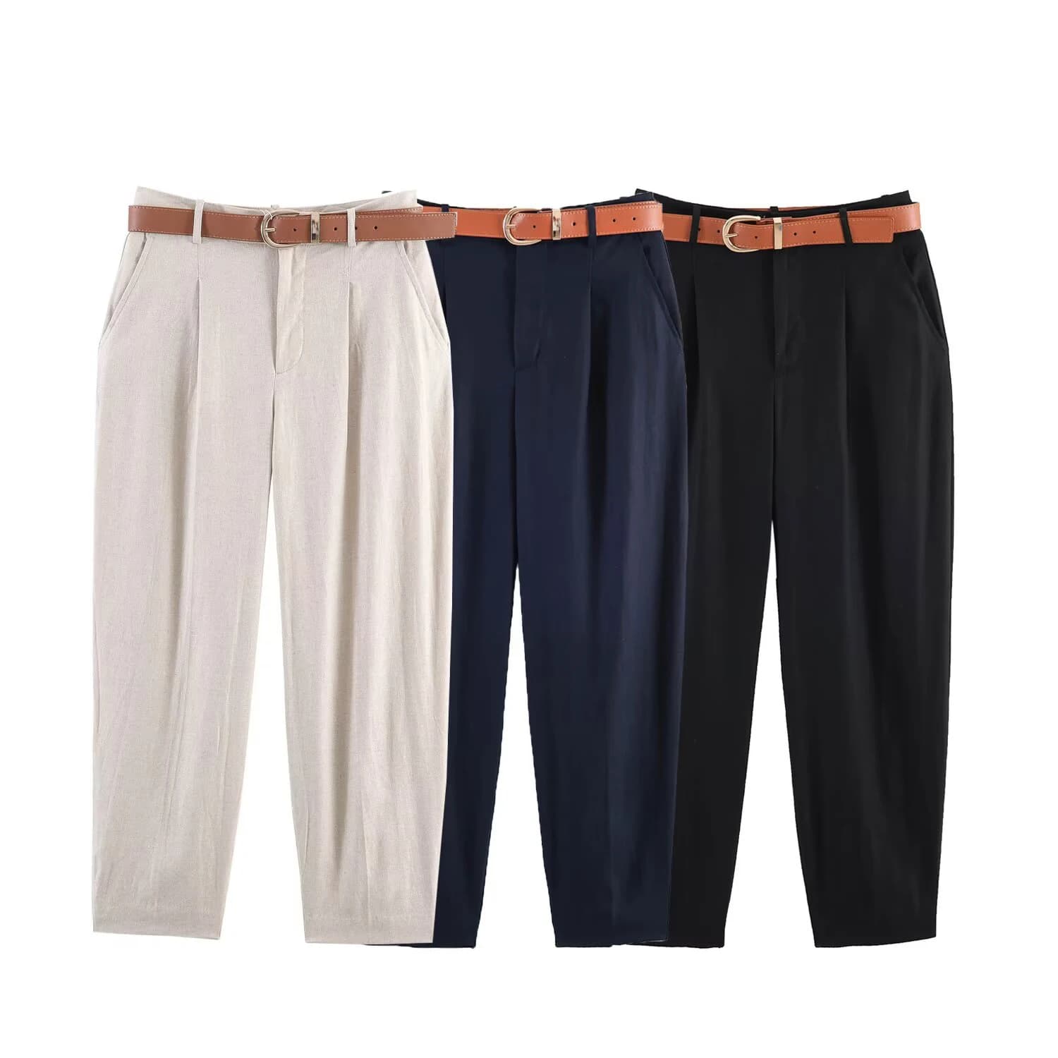 European and American style 2026 summer new women's clothing mid waist linen casual pleated belt pants