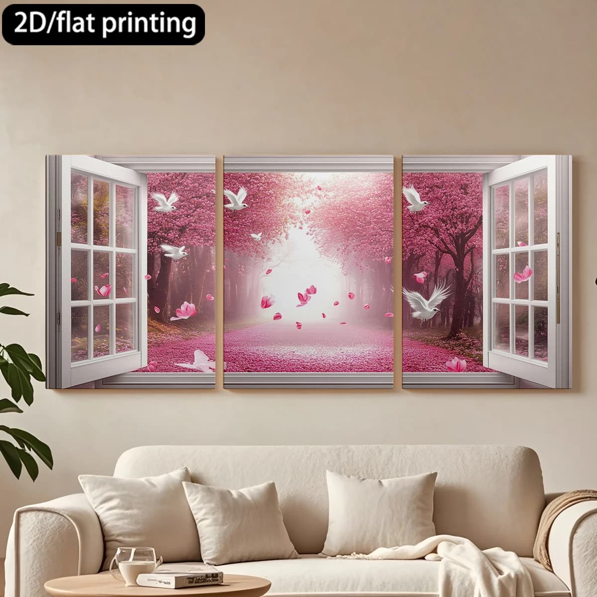 Set of 3 decorative paintings on canvas with wooden frame: View window, Path with cherry blossom. Tende per camera da letto ikea.