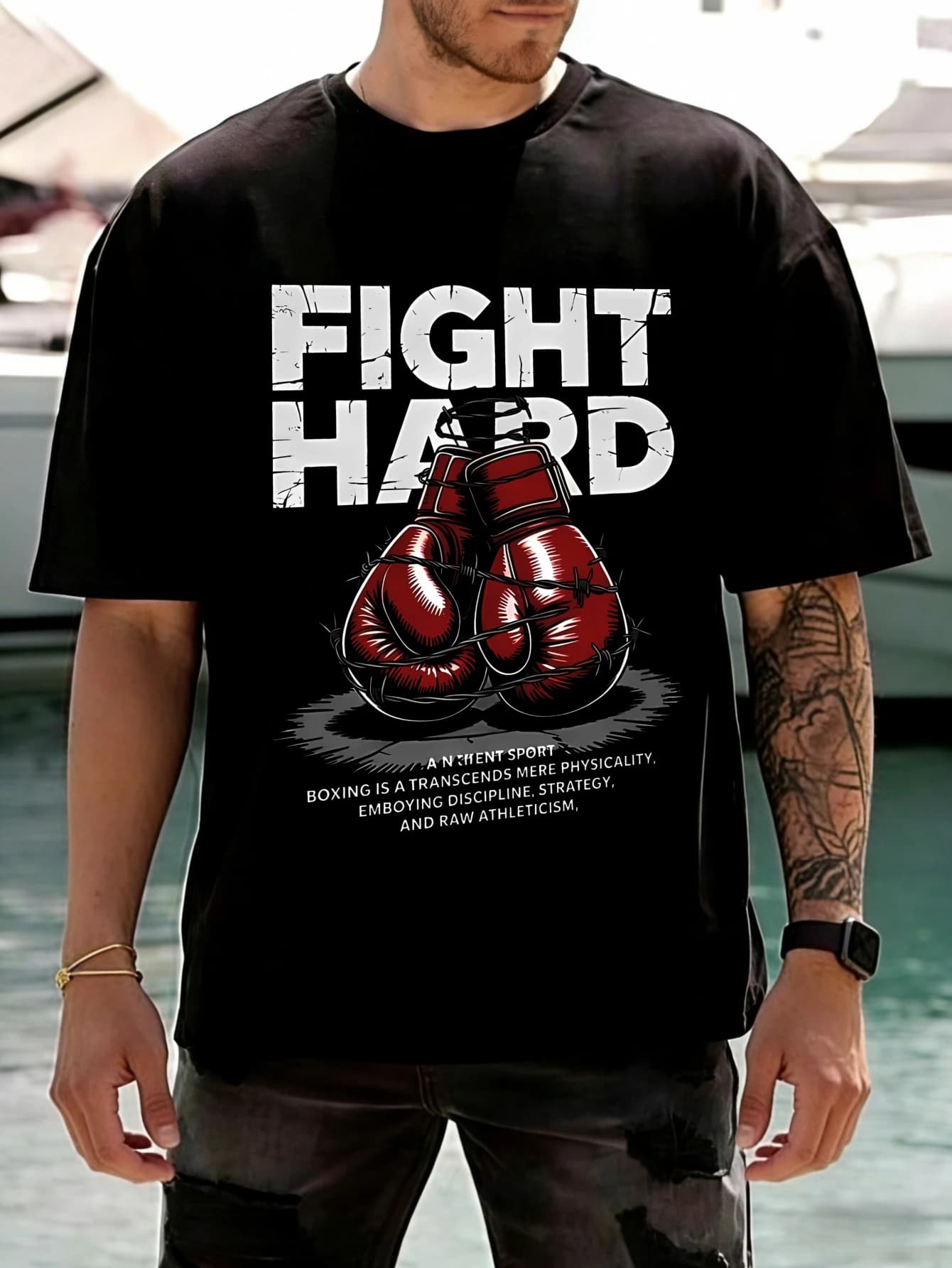 T-Shirt Oversize in Men's Cotton with Printing Graphic Boxing Gloves, Short Sleeve, Casual, for Gym, Summer Streetwear, Gift for Him