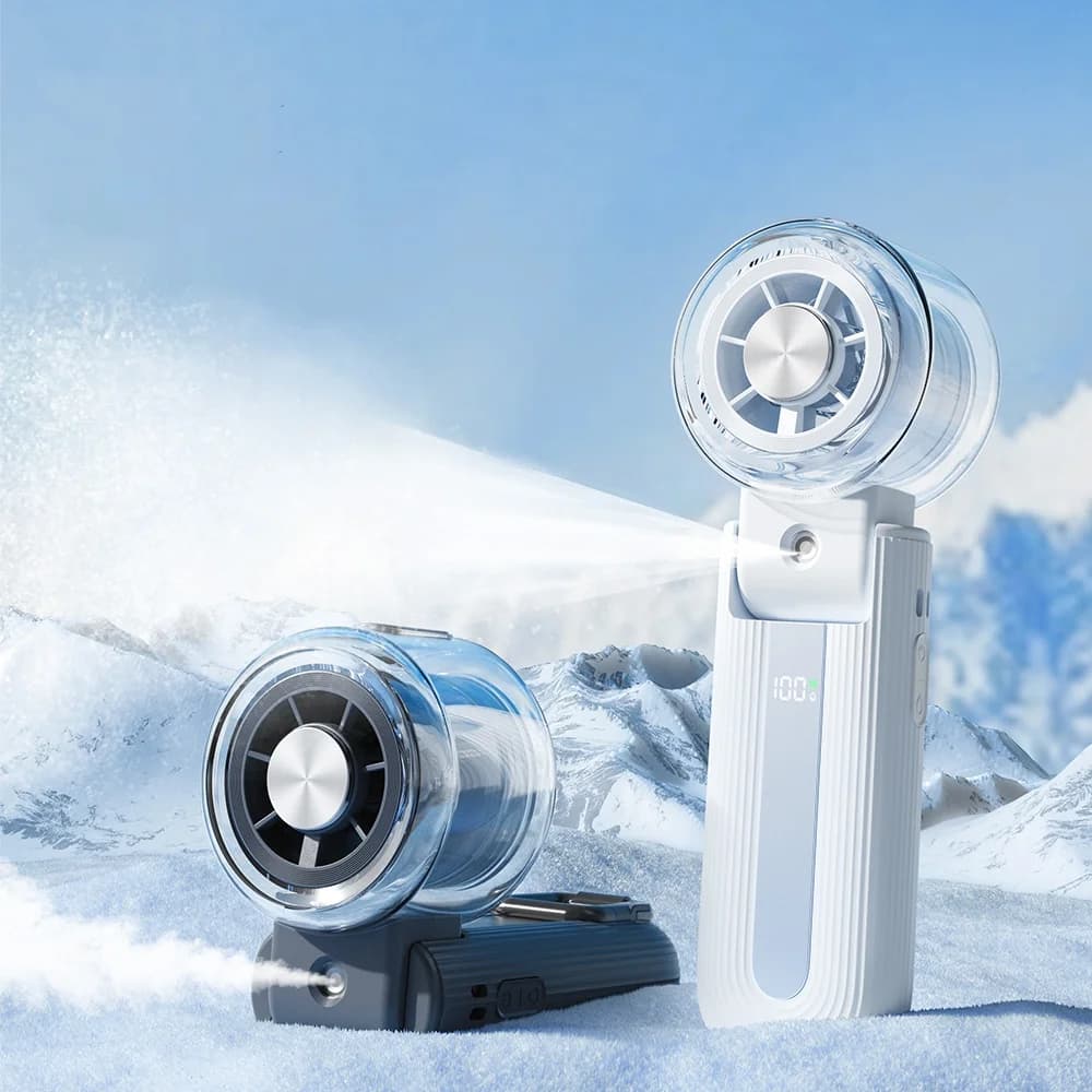 Ventilatore Portatile Nebulizzatore da 3600mAh, Ventilatore Rinfrescante a Ghiaccio a 100 Velocità, Umidificatore ad Aria Compressa a Semiconduttore, Ventilatore Pieghevole USB Y70