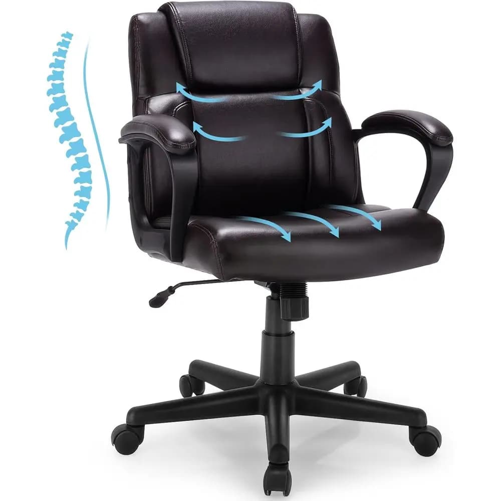 Sedia da Ufficio Ergonomica in Pelle Marrone con 4 Cuscini e Braccioli Imbottiti