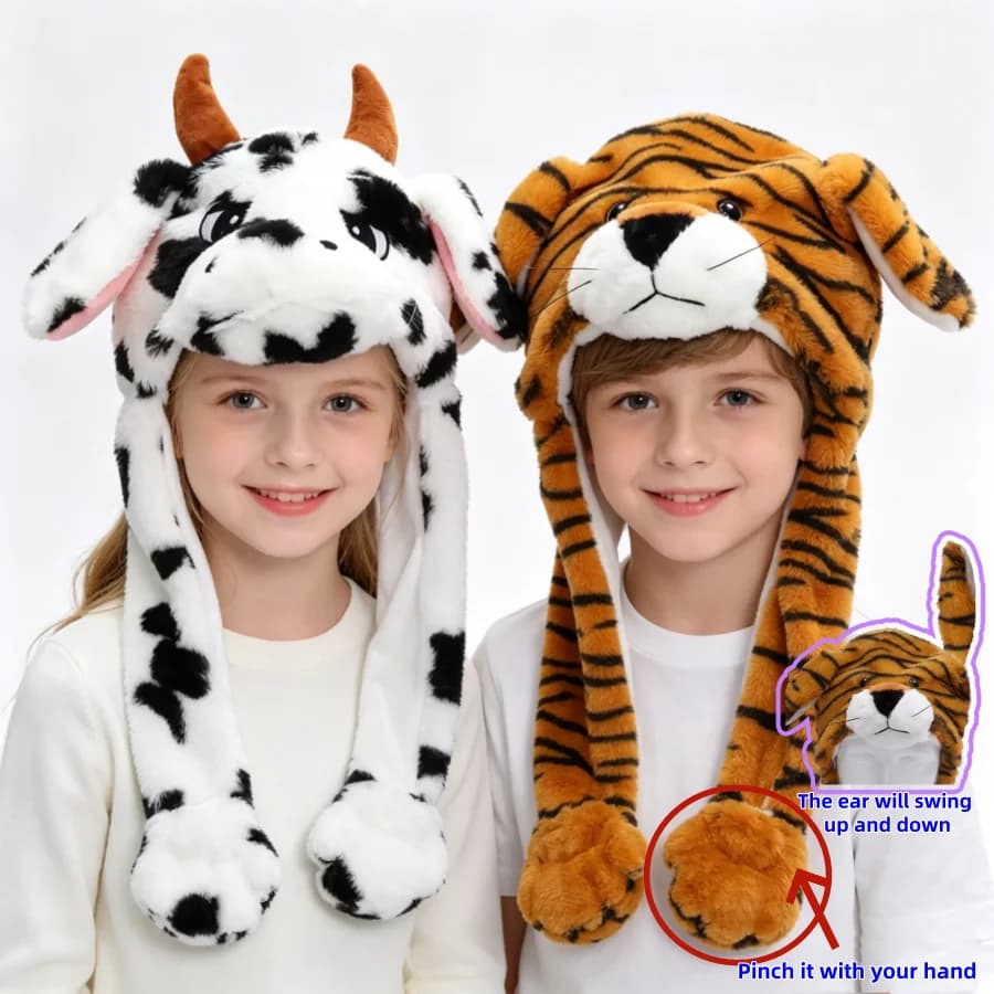 Cappello in peluche con protezione per le orecchie, un cappello in peluche a forma di tigre con orecchie mobili, ispessito per il calore + design originale, perfetto per feste / feste di compleanno / eventi natalizi, crea un look carino senza sforzo