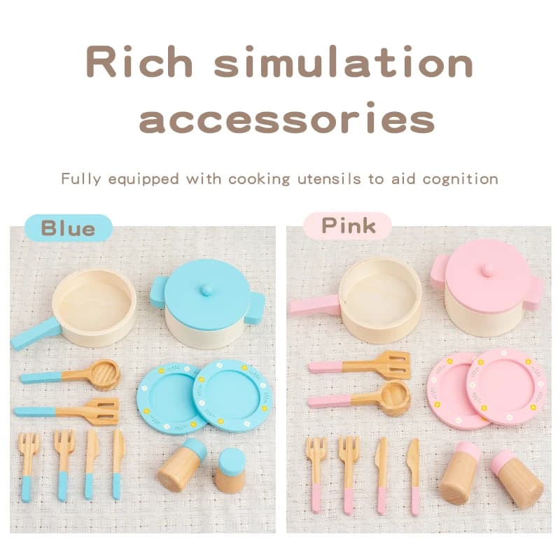 Wooden Pretend Play Kitchen Set, Simulation Cookware Spice Bottles Tableware Cooking Toy for Boys Girls