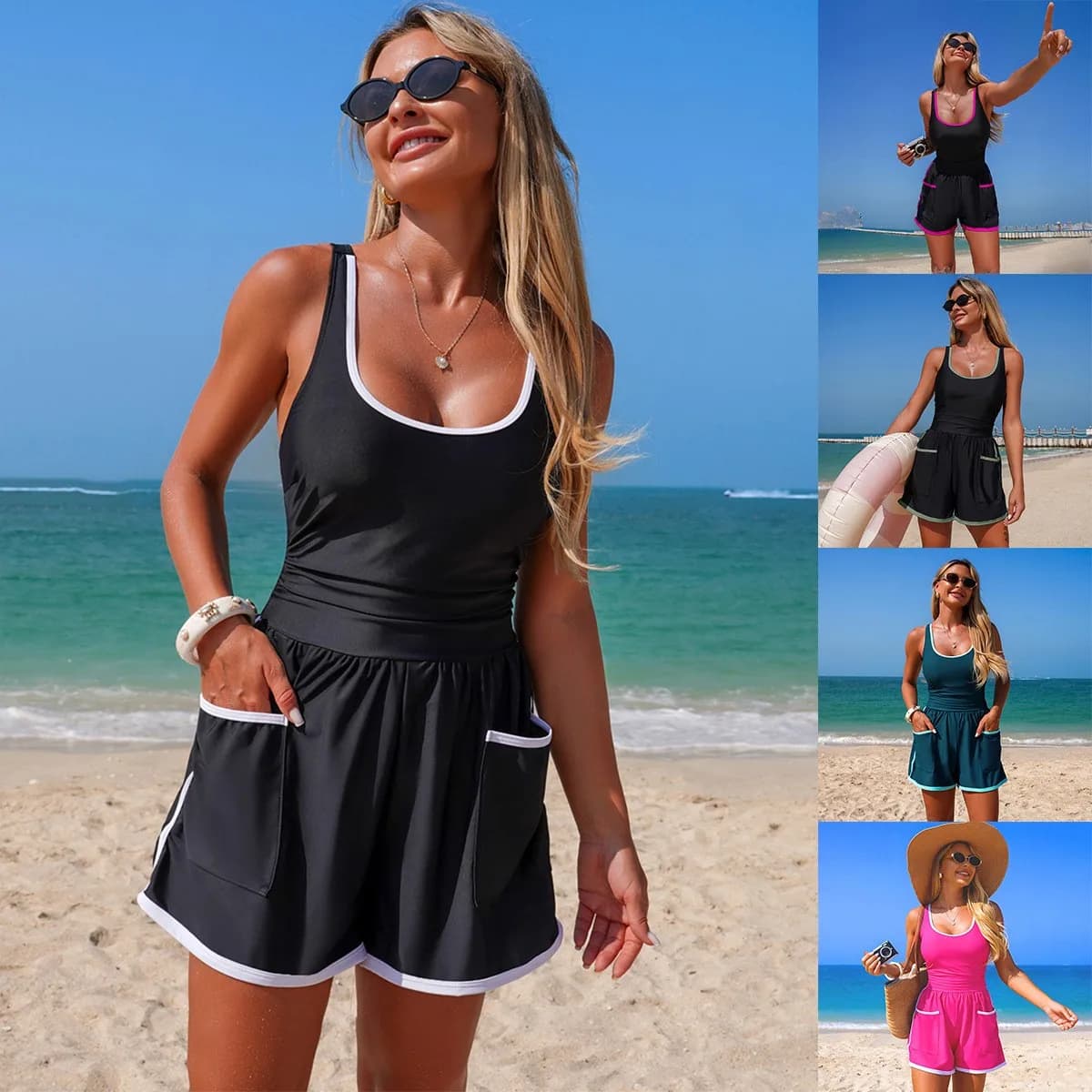 Costume da bagno intero nero con bordo bianco, senza maniche, scollo a V, tipo canotta, con bordo a contrasto e tasche laterali