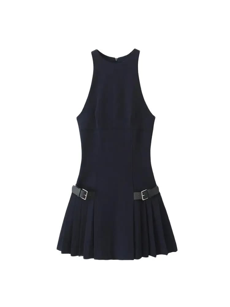 Mini pleated dress Smvp with side loops for women, American neck, back zipper, female dresses, chic fashion