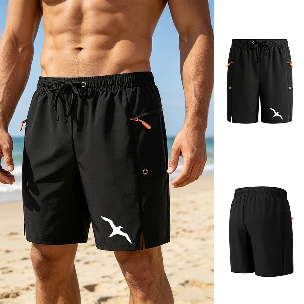 Men's Minimalist Bird Print Surfing Beach Shorts Elastic Drawstring Waist Zipper Pockets Summer Running And Cycling Shorts
