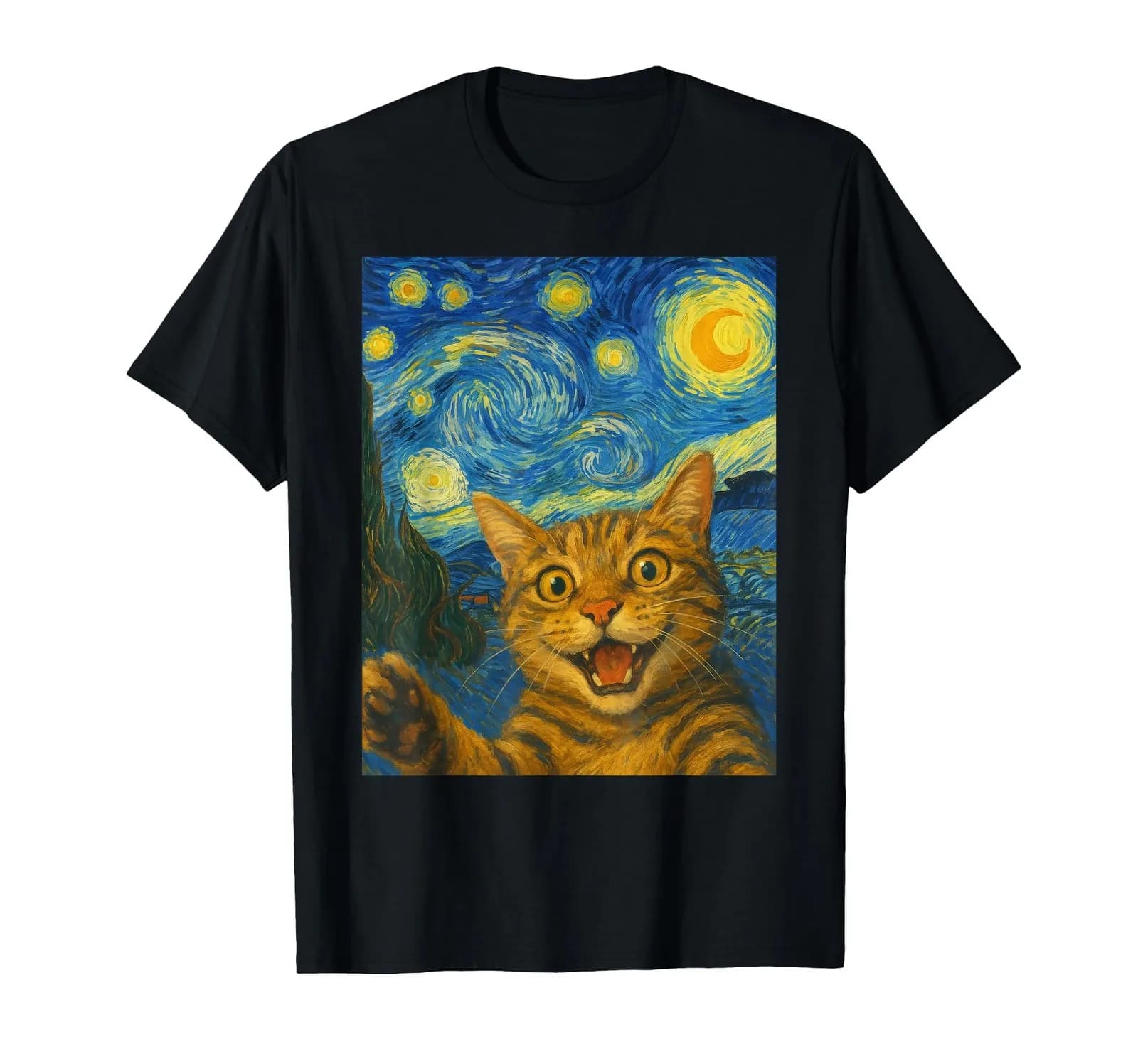 T-shirt con stampa artistica Starry Night Cat Selfie per gli appassionati di gatti