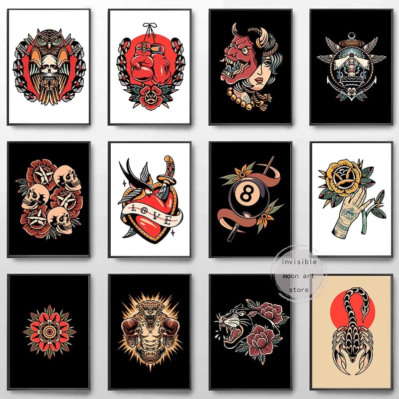 Retro tradizionale stile tatuaggio modello animale gufo faro arte Poster tela pittura stampe murali immagine per la decorazione della casa della stanza