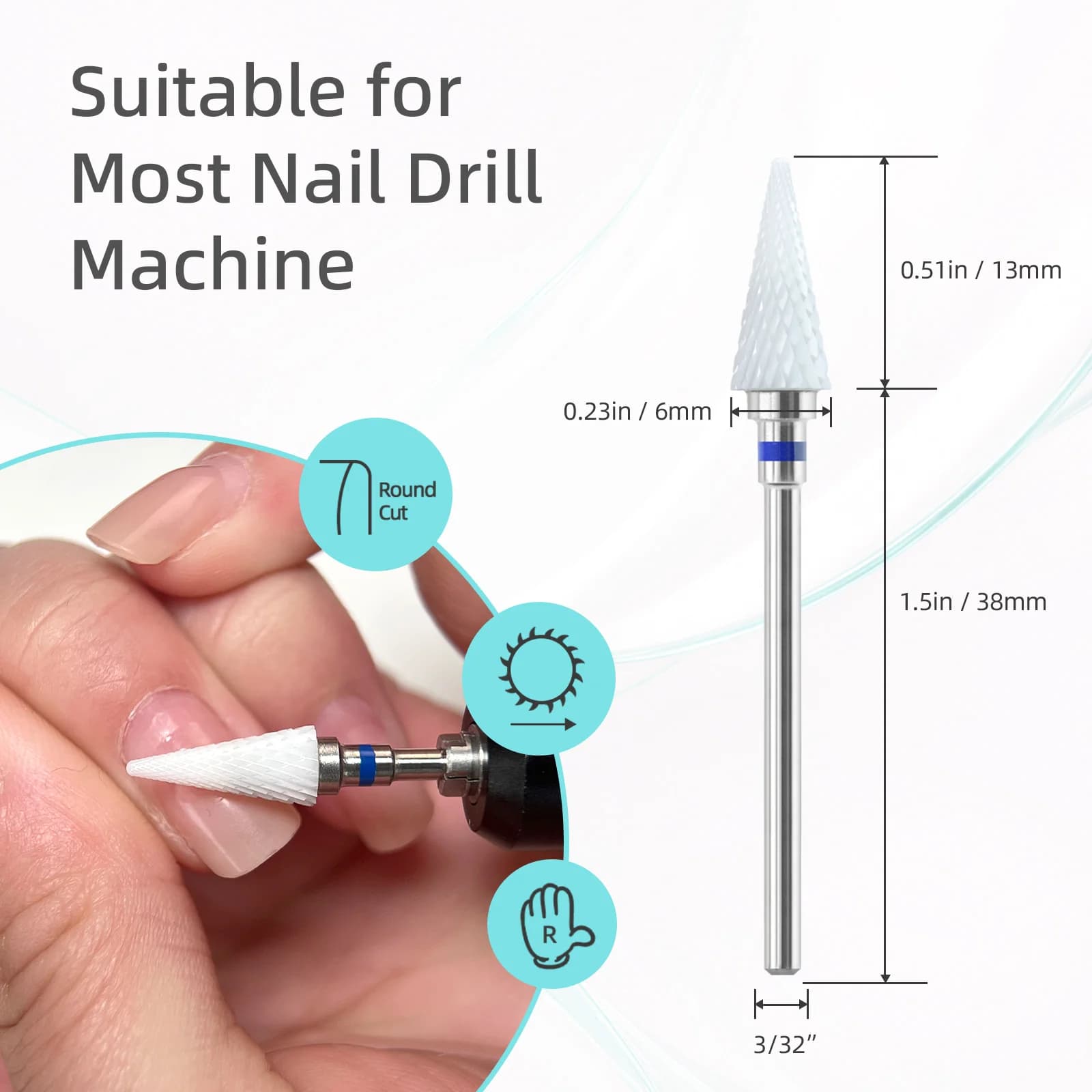 Punte per Trapano per Unghie HYTOOS 6*13mm in Ceramica Bianca a Forma di Cono per Rimuovere lo Smalto in Gel, Strumento Professionale per Manicure per Tecnici delle Unghie