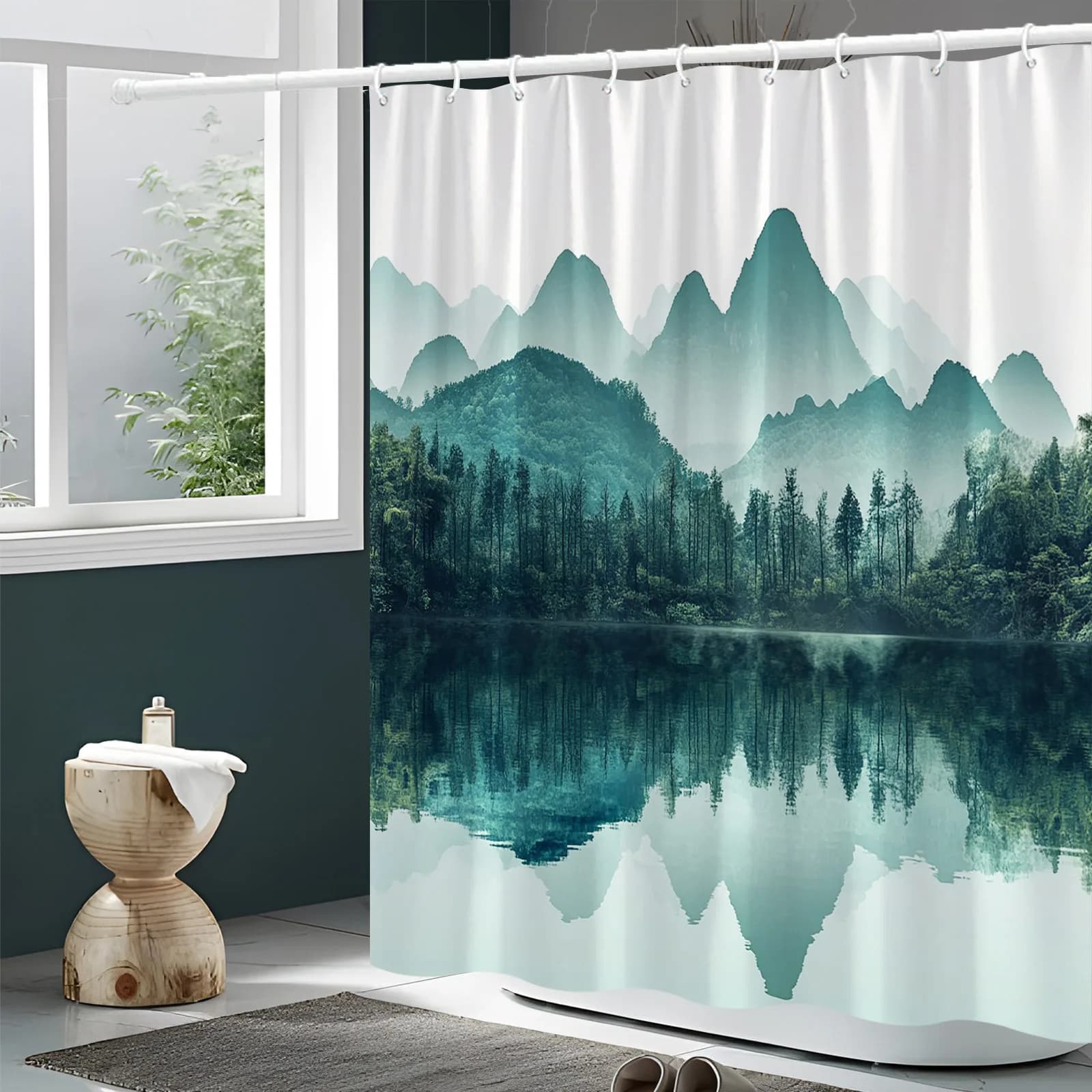 Tenda da doccia Serene Nature - Misty Mountain & Lake, 70,8x70,8 pollici, lavabile in lavatrice, poliestere, 12 ganci, decorazione da bagno alla moda