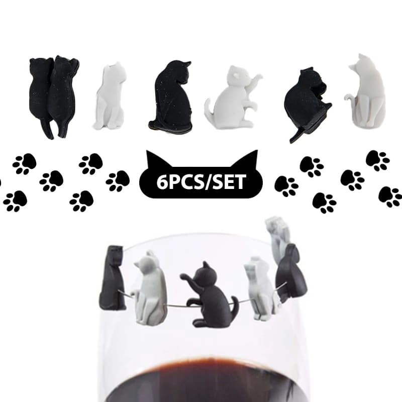 Set di 6 Segnalibri in Silicone a Forma di Gatto per Bicchieri da Vino, Anelli Identificativi per Feste【Homeclub】