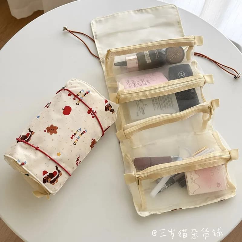 Portable Foldable Makeup Bag Travel Toiletry Organizer Detachable Cosmetic Pouch Mesh Wash Bag Skincare Storage Case for Women