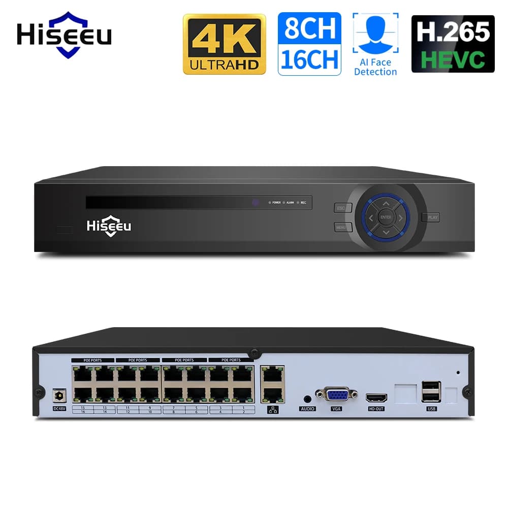 Hiseeu 4K 16CH 8CH POE NVR Onvif H.265 videoregistratore di sicurezza di sorveglianza per telecamera IP POE (1080P/3MP/4MP/5MP/8MP/4K)