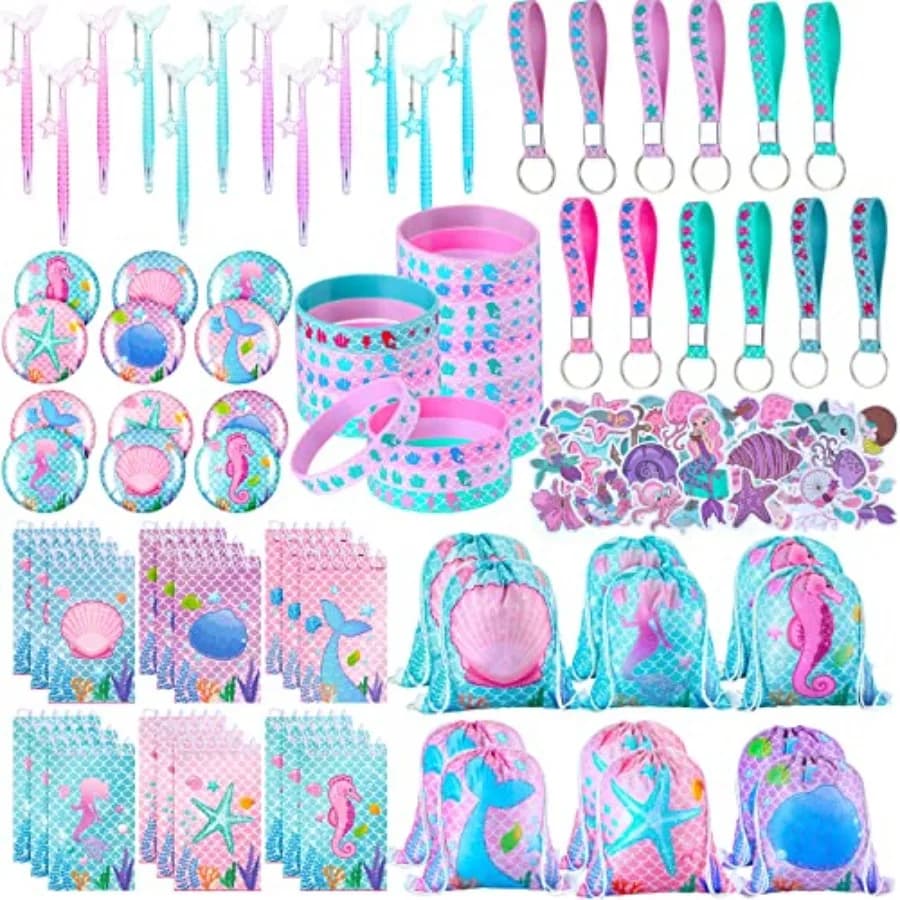 140 Pcs Mermaid Party Favors Gift Bags for Girls Birthday Decorate Supplies Include Drawstring Bags Silicone Bracelets Keychain