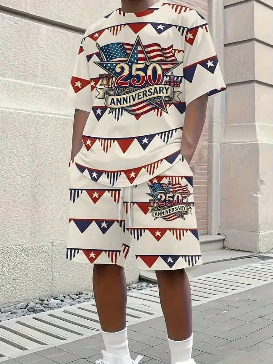 Men's Short-Sleeved T-Shirt And Shorts Set Features An American Flag Print Design To Commemorate The 250th Anniversary Of The
