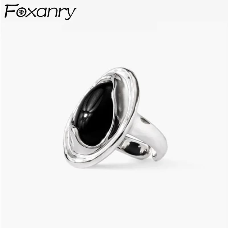 FOXANRY Black Ellipse Zircon Finger Rings For Women Vintage Classic Hip Hop Creative Trendy Geometric Birthday Jewelry Gifts