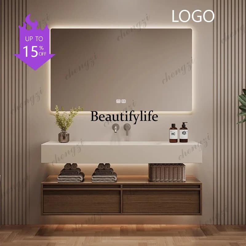 M183 Sets Solid Wood Bathroom Cabinet Rock Slab Seamless Integrated Basin Antique Bathroom Hand Wash Washbasin Bathroom Furnitur