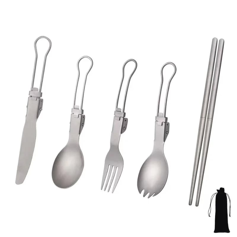 Set di Posate Pieghevoli in Titanio con Forchetta, Cucchiaio, Coltello e Bacchette, Combinazione Leggera e Portatile per Escursionismo, Campeggio e Backpacking