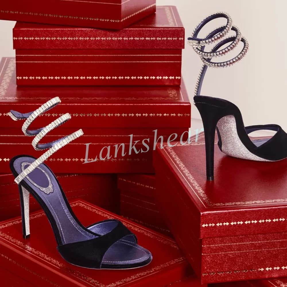 Crystal Spiral Ankle Wrap Stiletto Heel Sandals Purple Suede Open Toe High Heels Women's Elegant Evening Party Shoes 2026 Newest