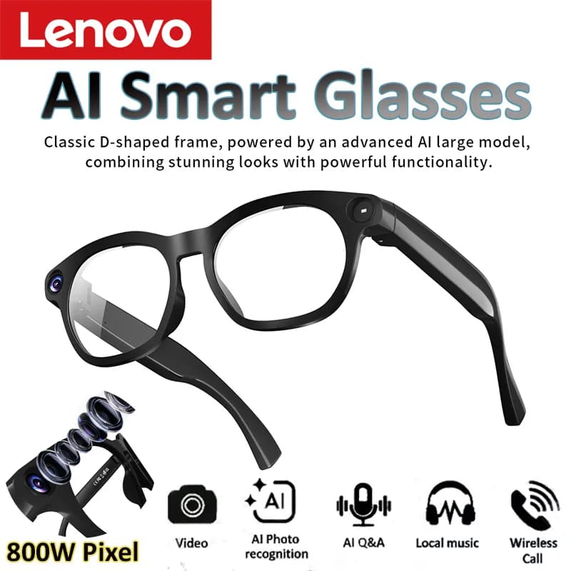 Occhiali Intelligenti AI Lenovo con Fotocamera HD 800W Pixel, Anti Luce Blu, Chiamate Bluetooth, Traduzione in Tempo Reale e Streaming Live