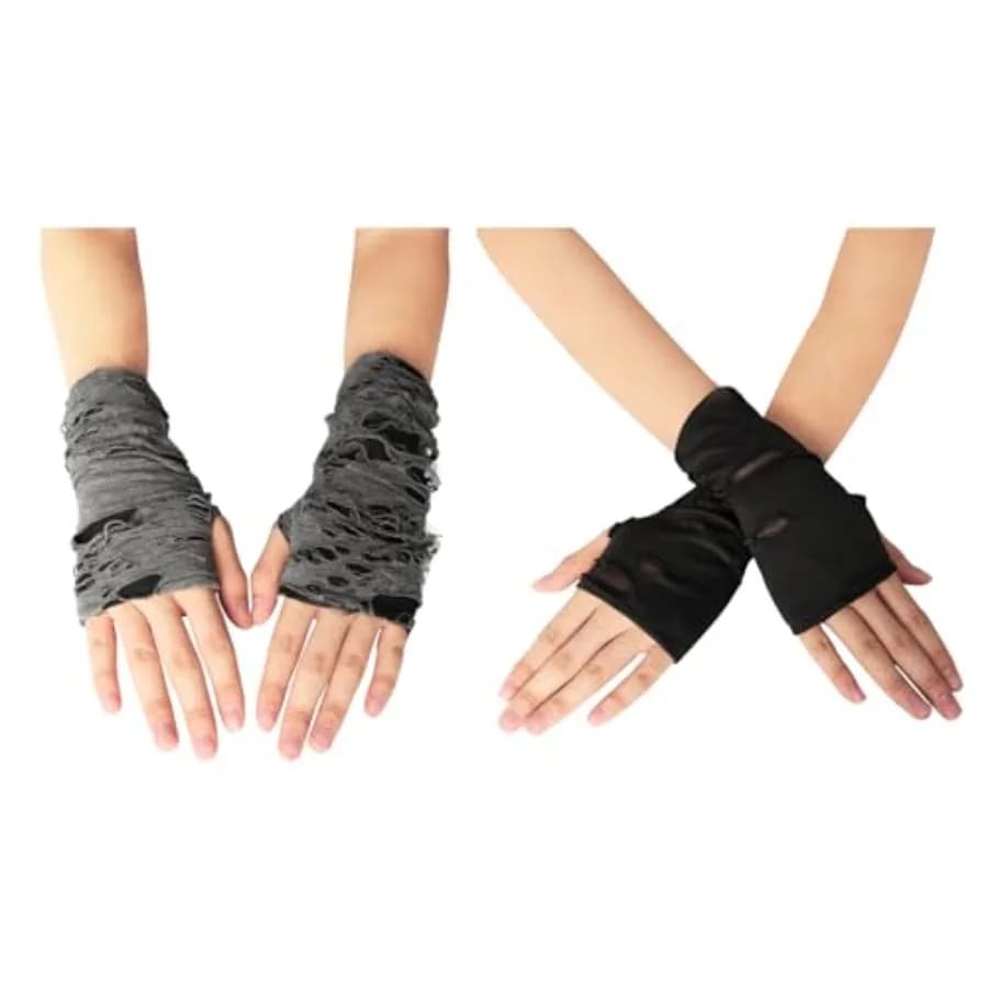 Women's Punk Fingerless Glove Cosplay Arm Warmers Black Broken Slit Ripped Gothic Gloves Halloween Costume Accessories 2 Pairs