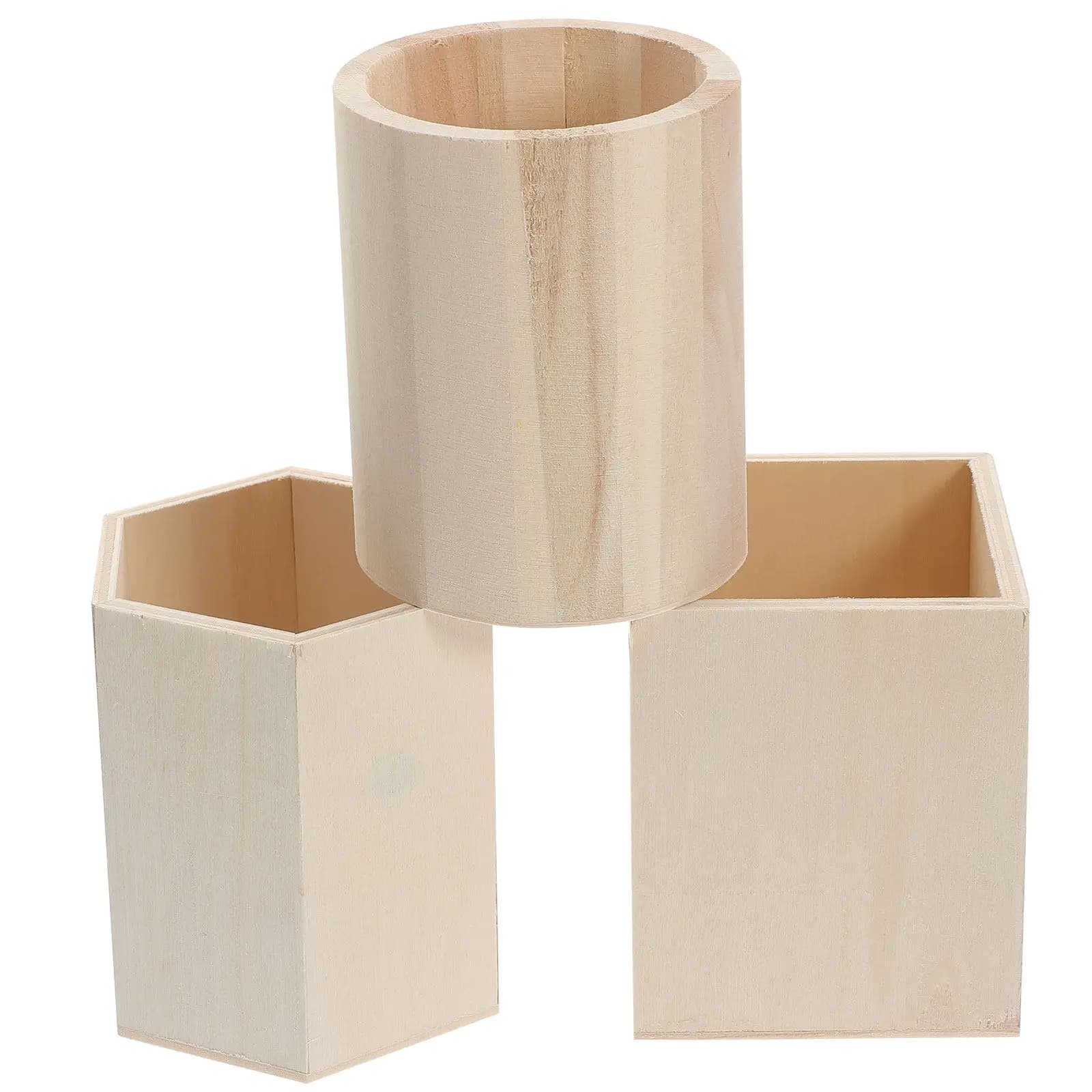 Set di 3 Portapenne in Legno, Organizer da Scrivania per Ufficio, Casa, Scuola, Pennelli da Trucco, Design con Texture Naturale