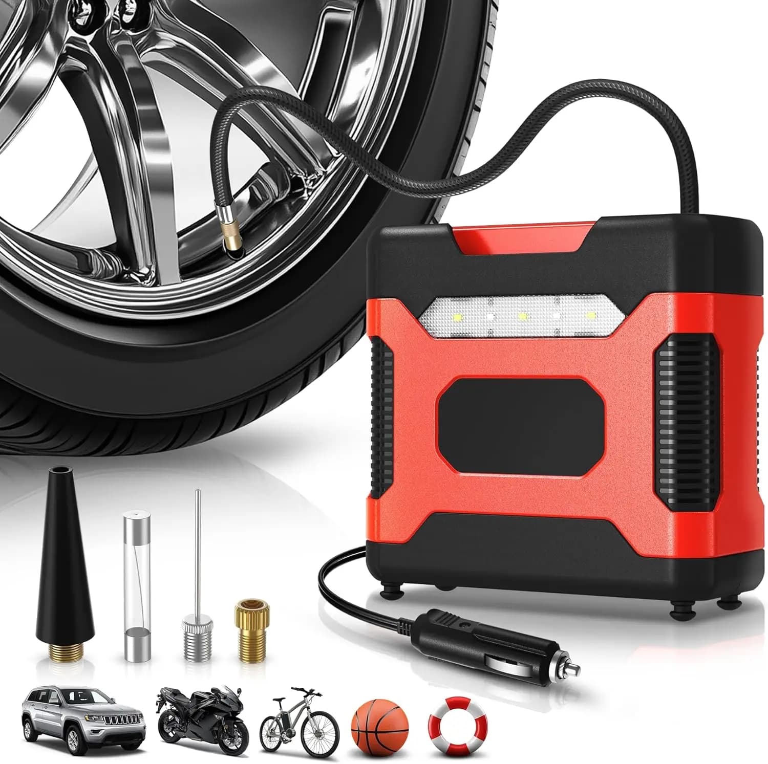 12V Tire Portable Digital Inflatable DC, 150 PSI electric air pump with LED light and pressure gauge for cars, motorcycle, bike, ball